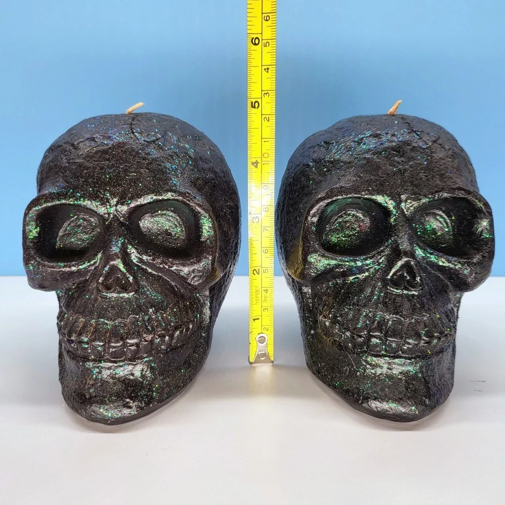Halloween Skull Candles • Glitter Skull Candle Set • Green • 4.75